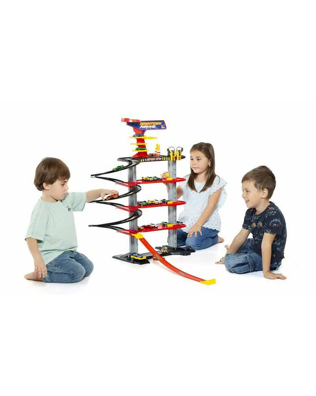 Moltó toy parking garage with colorful vehicles, detailed structure for kids’ play and imaginative vehicle storage.