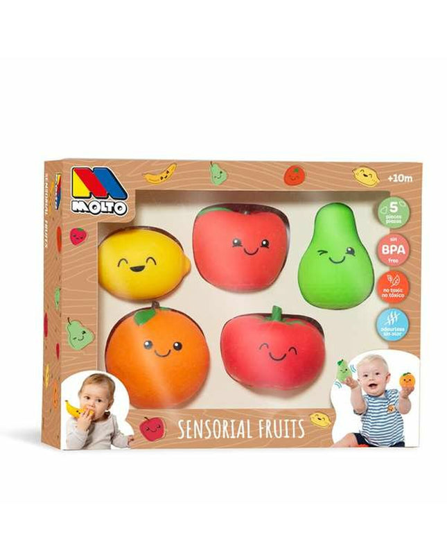 Colorful sensory ball toy for babies by Moltó, featuring textured surfaces and bright colors, designed to stimulate young children's senses.