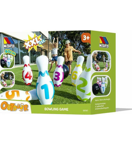 Moltó bowlingspel for outdoor play, featuring colorful plastic bowling pins and ball set for kids' sports and games.