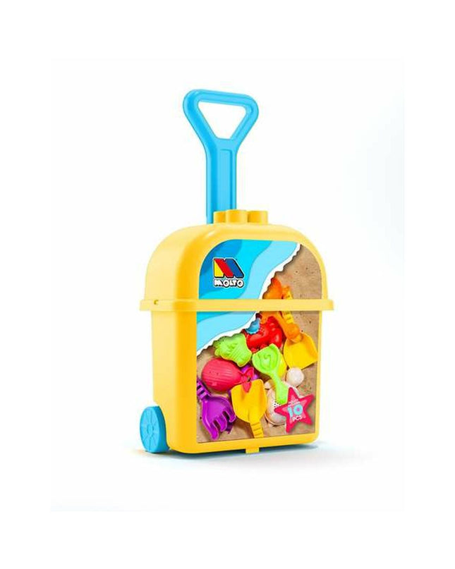 Moltó strandspeelgoedset with colorful plastic tools and accessories for outdoor play and sports activities.