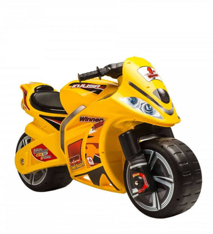Yellow Injusa Loopmotor toy scooter, 99 x 46 x 61 cm, suitable for outdoor play and sports activities.