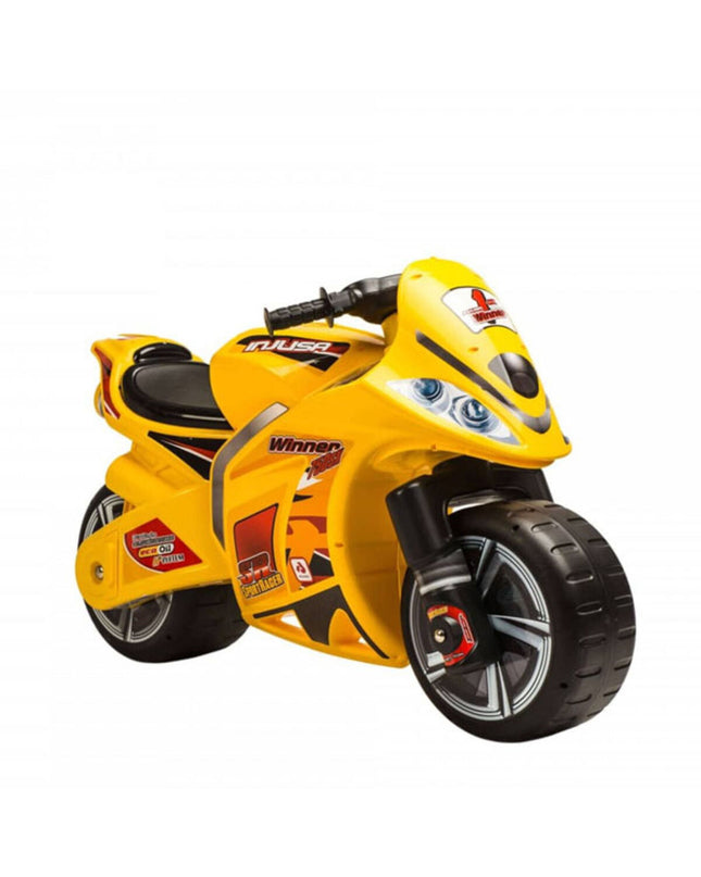 Yellow Injusa Loopmotor toy scooter, 99 x 46 x 61 cm, suitable for outdoor play and sports activities.