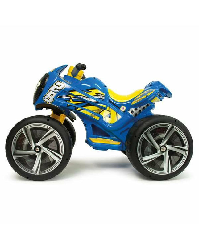 Injusa Flames 6V electric quad toy for kids, black and red, with sturdy wheels and compact size for outdoor play.