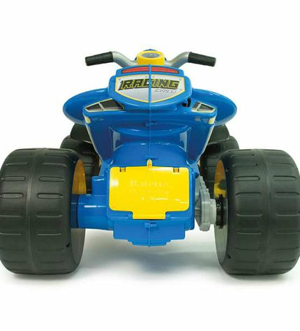 Injusa Flames 6V electric quad toy for kids, shown outdoors with black and orange design, dimensions 87x70x58 cm.