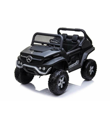 Black Injusa Mercedes Benz Unimog electric toy car for kids, designed for outdoor play and sports activities.