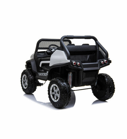 White Mercedes Benz Unimog electric toy car for kids, 12V, designed for outdoor play and outdoor adventure.