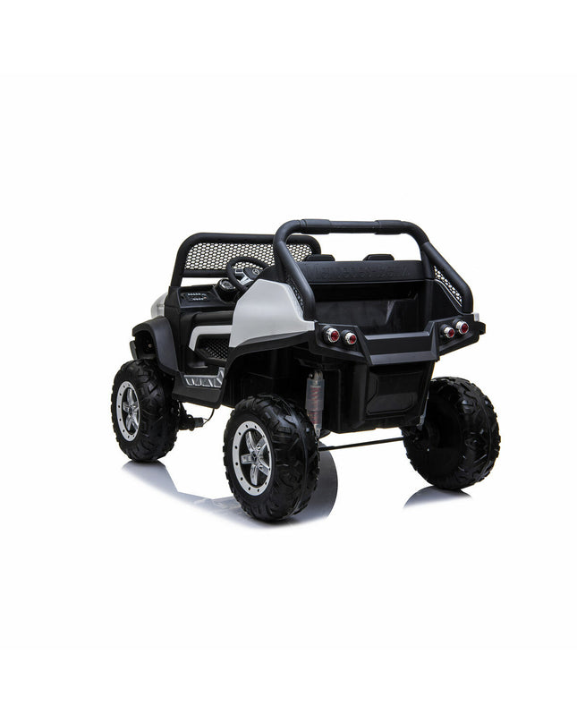 White Mercedes Benz Unimog electric toy car for kids, 12V, designed for outdoor play and outdoor adventure.