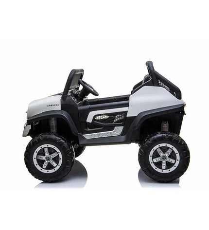 White Mercedes Benz Unimog electric toy car for kids, 12V, suitable for outdoor play and sports, designed for children.