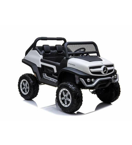 White Mercedes Benz Unimog electric toy car for kids, 12V battery, suitable for outdoor play and sports activities.
