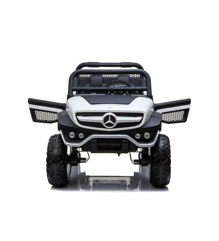 White Mercedes Benz Unimog electric toy car for kids, 12V, designed for outdoor play and sports activities.