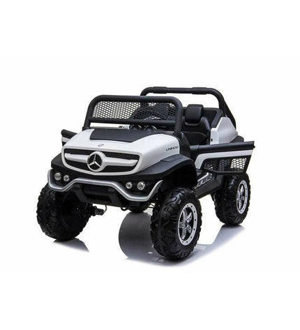 White Mercedes Benz Unimog electric toy car for kids, 12V ride-on vehicle from Mercedes Benz, designed for outdoor play.
