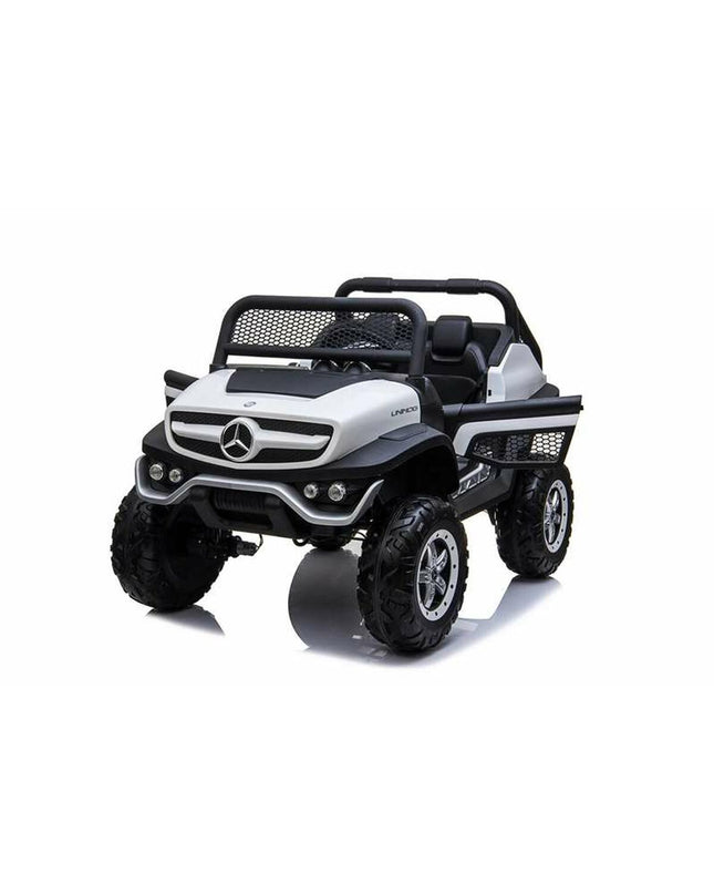 White Mercedes Benz Unimog electric toy car for kids, 12V ride-on vehicle from Mercedes Benz, designed for outdoor play.