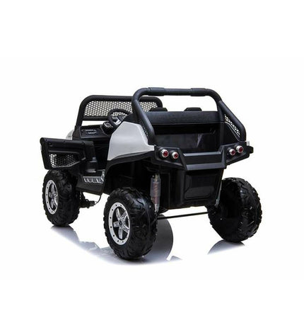 White Mercedes Benz Unimog electric toy car for kids, 12V, designed for outdoor play and imaginative fun.