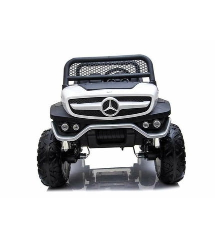 White Mercedes Benz Unimog electric toy car for kids, 12V, designed for outdoor play and sports activities.