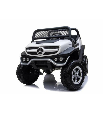 White Mercedes Benz Unimog electric toy car for kids, 12V, designed for outdoor play, from Mercedes Benz.