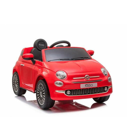 Injusa Fiat 500 red electric kids' toy car with remote control, suitable for outdoor play and sports activities.