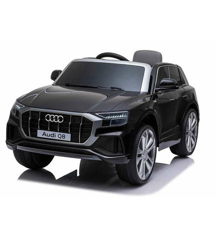 Black Injusa Audi Q8 electric toy car for kids, miniature sport vehicle with detailed exterior and open door design.