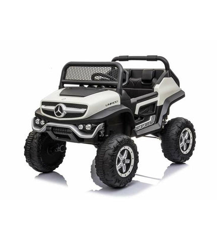 Black Injusa Mercedes Unimog electric toy car for kids, designed for outdoor play and fun adventures.