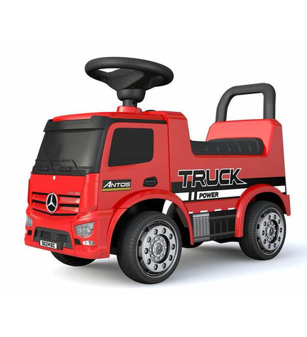 Injusa Mercedes fire truck toy for kids, red plastic ride-on vehicle with fireman design, measures 62.5 x 28.5 x 45 cm.