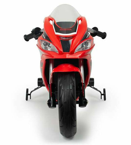 Injusa Honda CBR toy motorcycle, detailed plastic ride-on vehicle for children, in black with orange accents, on a white background.