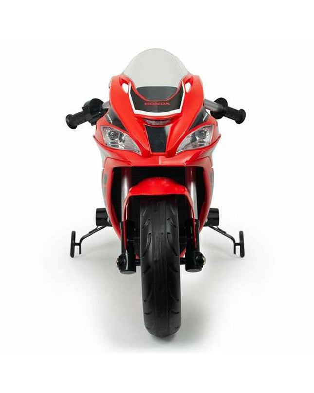 Injusa Honda CBR toy motorcycle, detailed plastic ride-on vehicle for children, in black with orange accents, on a white background.