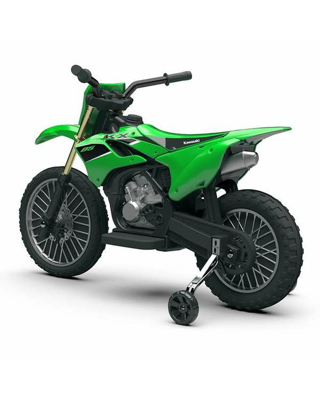 Injusa Kawasaki electric scooter for kids, red toy ride-on scooter with inline wheels and handlebars, suitable for outdoor play.
