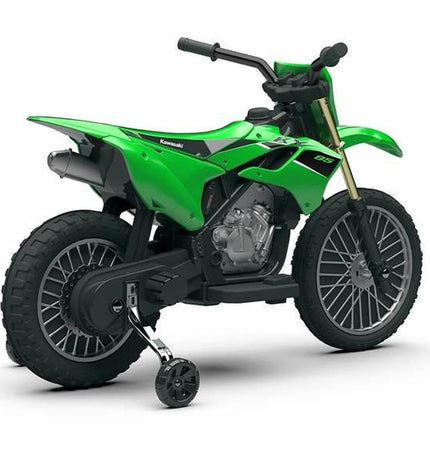 Injusa Kawasaki children's electric scooter with black and green design, suitable for outdoor play and toy riding.