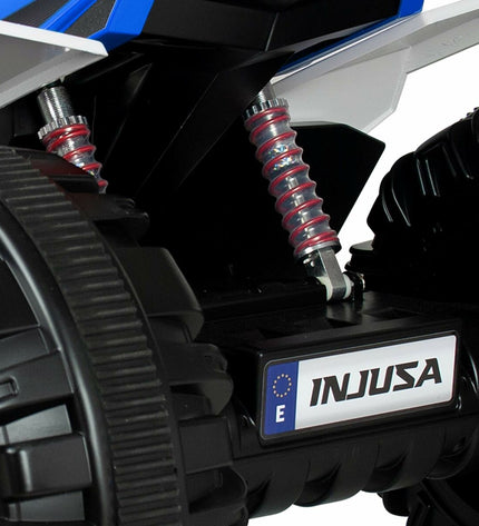 Blue and white Injusa Rage electric quad toy with 12V battery, designed for outdoor play and sports activities.