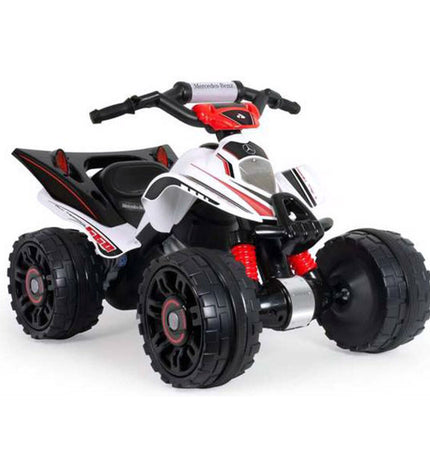 Injusa electric quad toy in white with multicolour accents, suitable for outdoor play and sports activities.