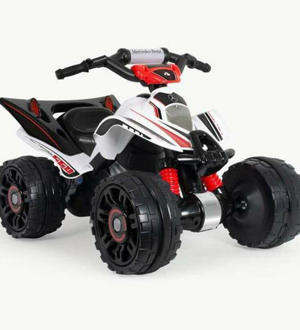Injusa electric quad toy in white with multicolour accents, suitable for outdoor play and outdoor sports activities.