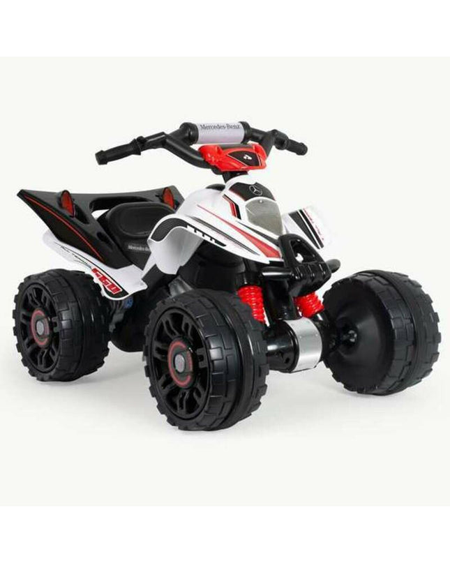Injusa electric quad toy in white with multicolour accents, suitable for outdoor play and outdoor sports activities.