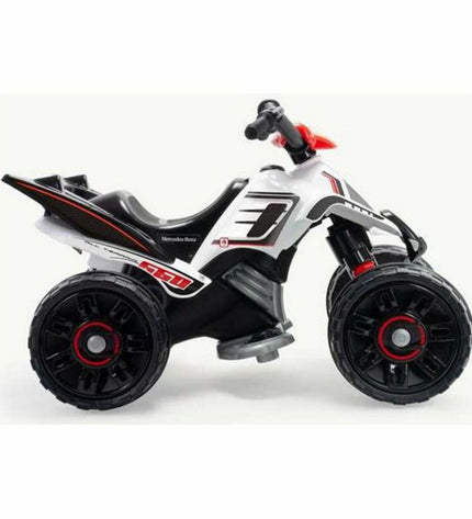Injusa electric quad toy in white with multicolour accents, suitable for outdoor play and imaginative adventures.