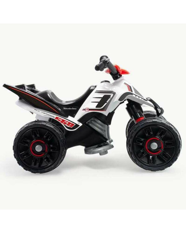 Injusa electric quad toy in white with multicolour accents, suitable for outdoor play and sports activities.