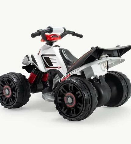 Injusa electric quad toy in white with multicolour accents, suitable for outdoor play and outdoor sports for children.