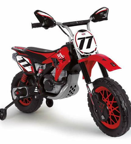 Injusa red 12V electric kids scooter with foot pedals, suitable for outdoor play and riding fun.