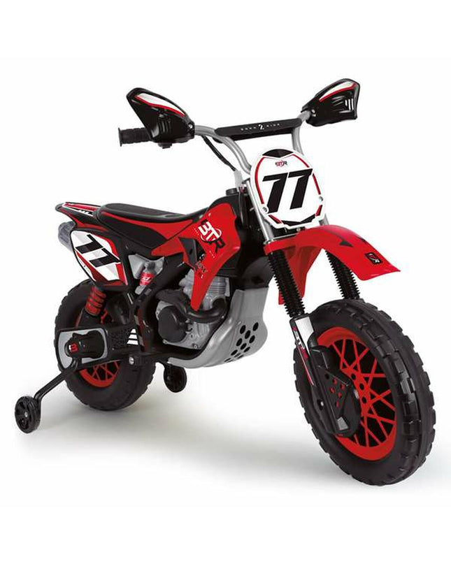Injusa red 12V electric kids scooter with foot pedals, suitable for outdoor play and riding fun.