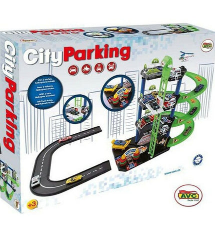 AVC toy parking garage with colorful vehicles, playset for children, featuring multiple levels and parking spaces.
