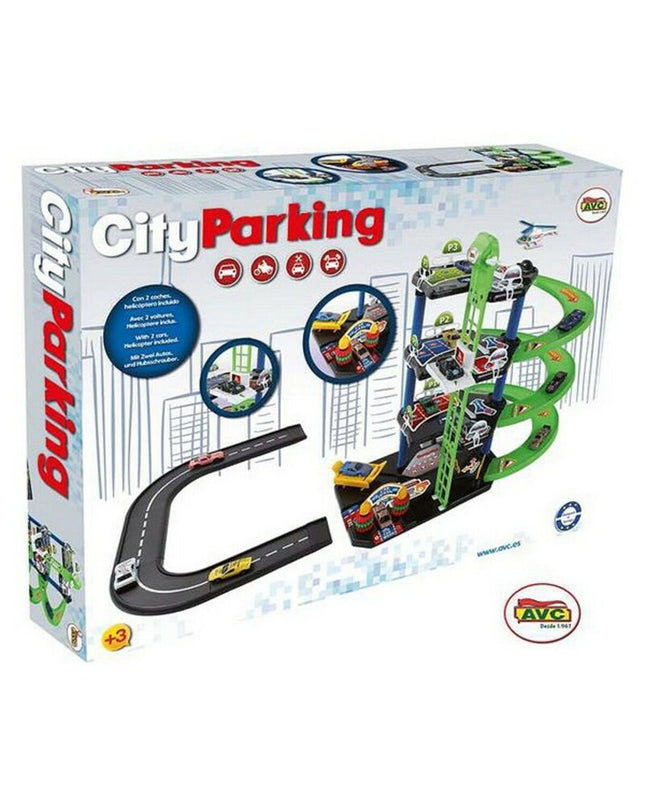 AVC toy parking garage with colorful vehicles, playset for children, featuring multiple levels and parking spaces.