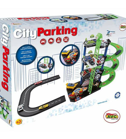 AVC toy parking garage with colorful vehicles, detailed play structure for children, part of the City AVC vehicle series.