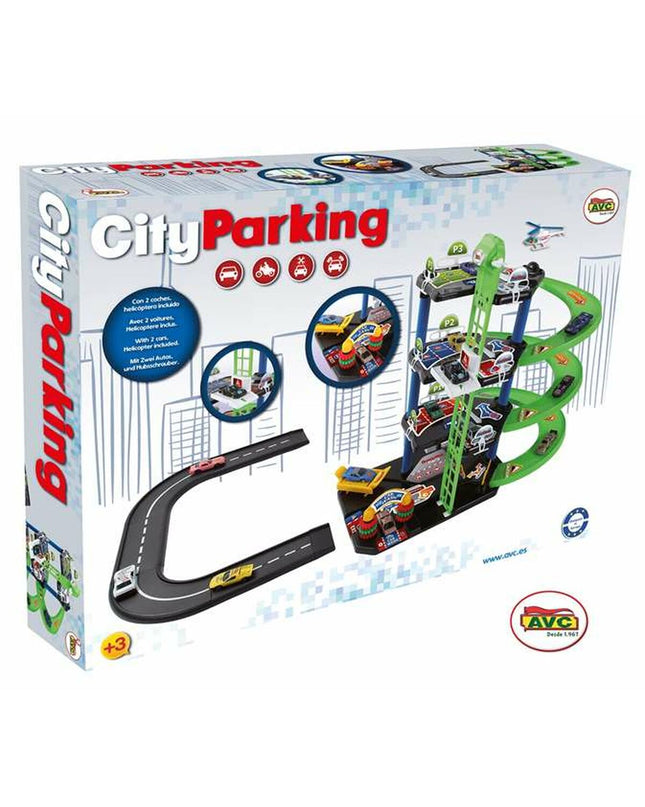 AVC toy parking garage with colorful vehicles, detailed play structure for children, part of the City AVC vehicle series.