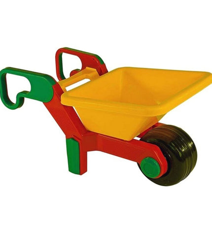 AVC Kruiwagen AVC5000 toy wheelbarrow in bright yellow with black handles, suitable for outdoor play and gardening activities.