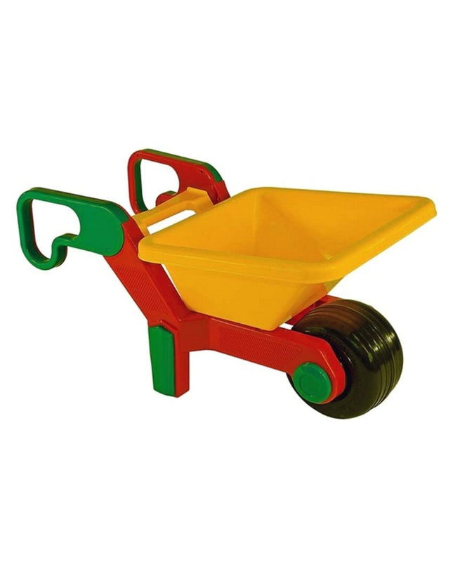 AVC Kruiwagen AVC5000 toy wheelbarrow in bright yellow with black handles, suitable for outdoor play and gardening activities.