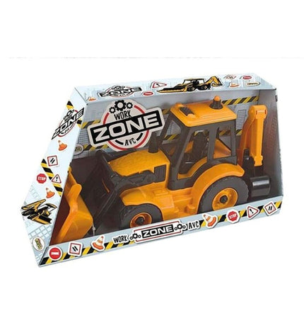 AVC toy excavator model in yellow with black tracks, detailed plastic construction, and realistic design for children’s play.