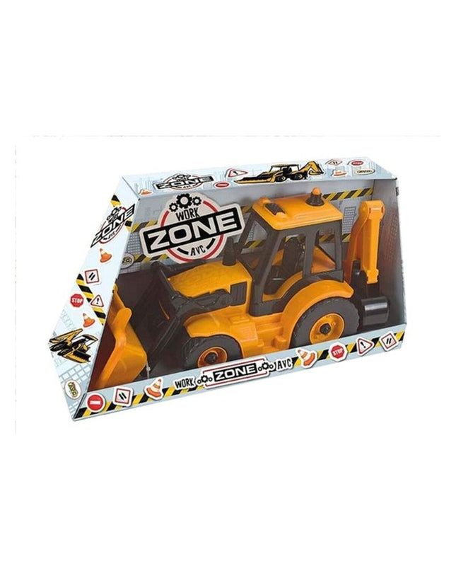 AVC toy excavator model in yellow with black tracks, detailed plastic construction, and realistic design for children’s play.