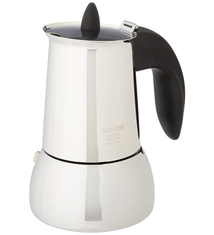Valira Isabella 4-tassige Italiaanse koffiepot in roestvrij staal, geschikt voor huis en koken, inclusief koppar design.
