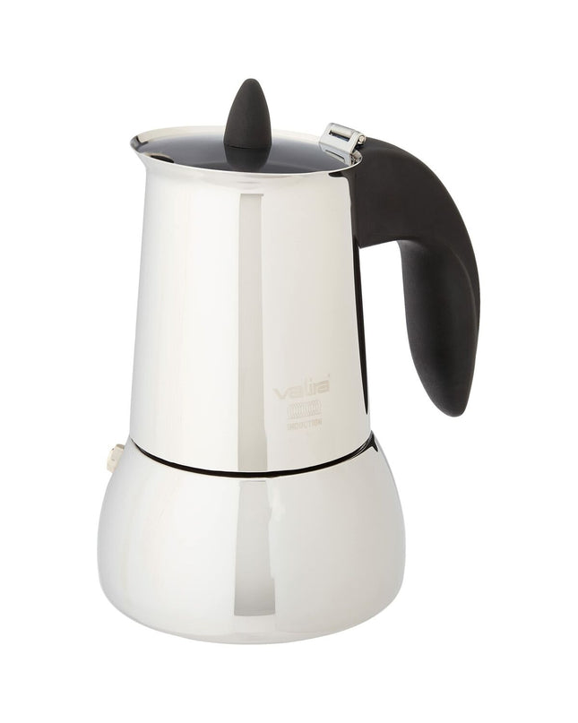 Valira Isabella 4-tassige Italiaanse koffiepot in roestvrij staal, geschikt voor huis en koken, inclusief koppar design.