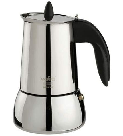 Valira Isabella Italian coffee pot in stainless steel with 10-cup capacity, suitable for brewing traditional espresso-style coffee.