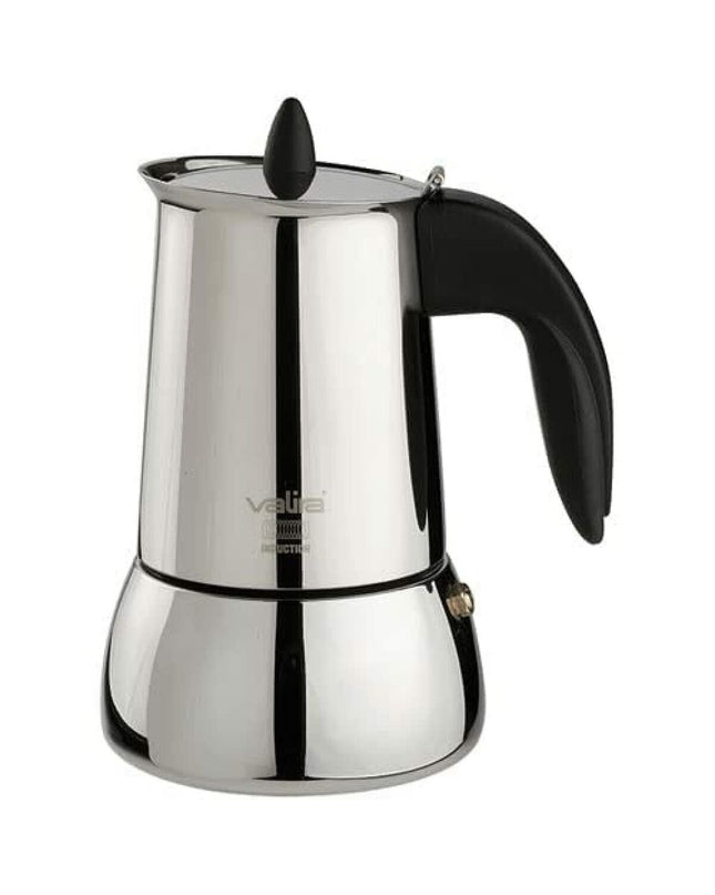 Valira Isabella Italian coffee pot in stainless steel with 10-cup capacity, suitable for brewing traditional espresso-style coffee.