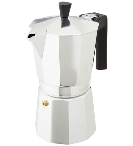 Valira Vitro 9T Italian coffee pot in silver aluminum with 9 cups, ideal for brewing espresso-style coffee at home.