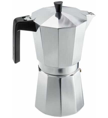 Valira VITRO 12T Italian coffee pot in silver aluminum for brewing 12 cups, suitable for home kitchen use.